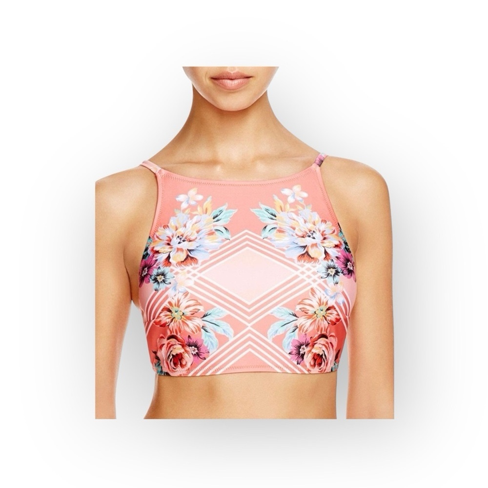 Minkpink ☀︎︎ High Neck Lace Up Back Halter Bikini Top ☀︎︎ Pink Floral Print ☀︎︎